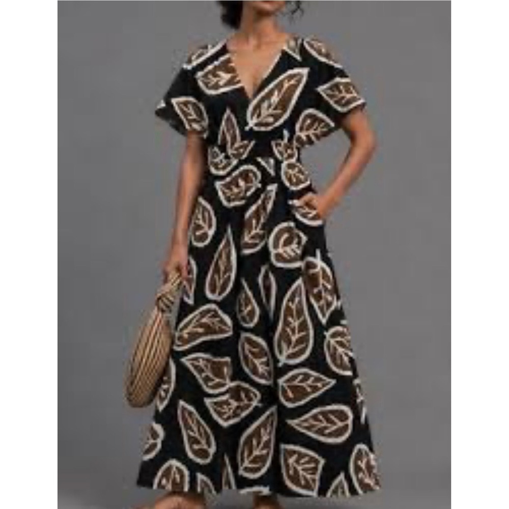 Uncle Frank Black Brown Leaf Print Maxi Dress V-Neck Flutter Sleeve Small